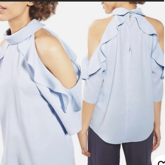 Topshop Tops - Topshop Light Blue Cold Shoulder Ruffle Blouse